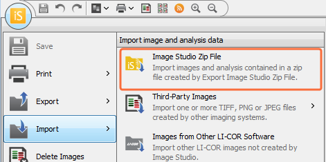 Image Studio Application menu import options