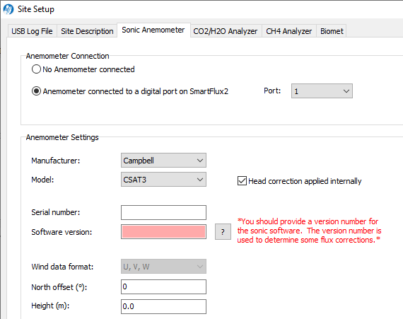 Screen caption showing the anemometer connection options