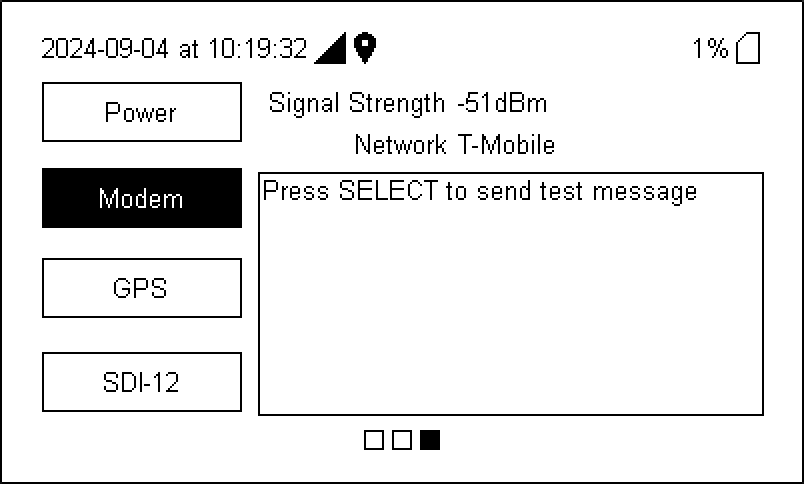 Modem status information presents information and test options.