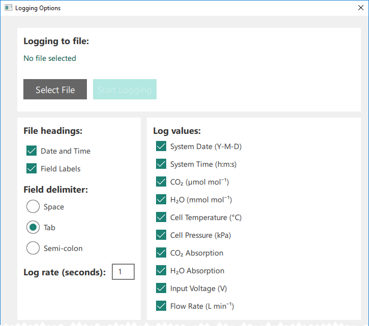 PC data logging options for the LI-850 and LI-830 configure the logging parameters. Similar for the LI-870 in stand-alone applications.