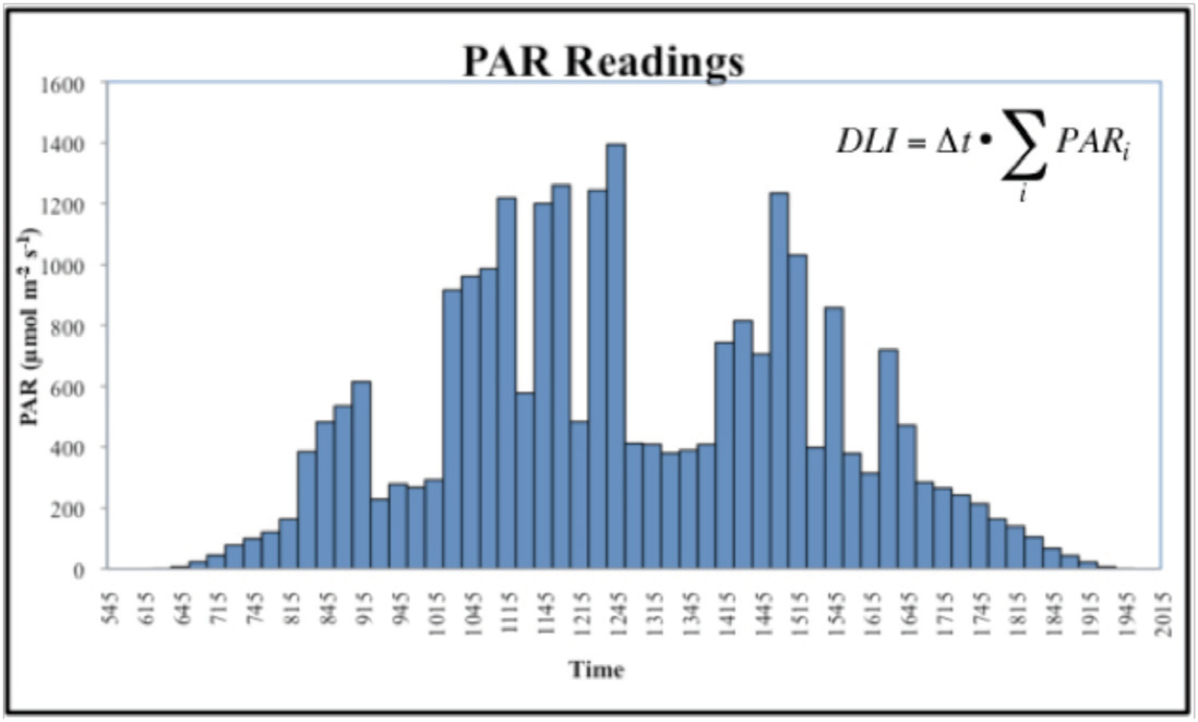 Chart showing Daily Light Integral with PAR on the vertical axis and time of day on the bottom axis.